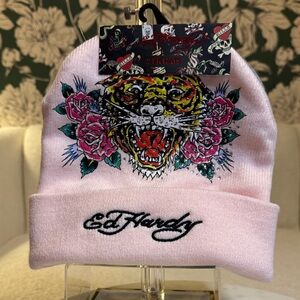 Ed Hardy 2 Set Light Pink & Grey Beanie with Tiger and Floral Design NWT